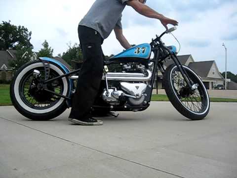 Kustom 1960 Triumph &quot;Low Tide Larry&quot; TR6 bobber chopper being kick started, JUST FINISHED!