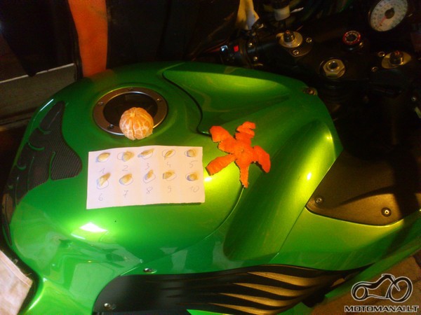 Ant motociklo 10 mandarino (arba apelsino) kauliukų, nuluptas mandarinas bei iš jo žievės padaryta (iškarpyta) žvaigždė