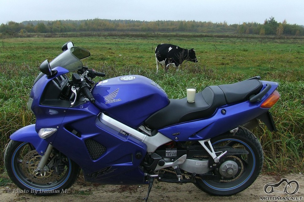 Moto fone karvė, ant moto padėta stiklinė su pienu